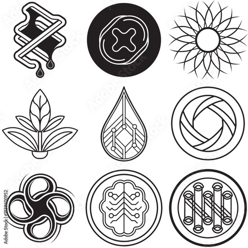 Collection of nine black and white abstract science and nature icons