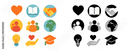 Education, Community and Global Support Icons – Color & Monochrome Set
