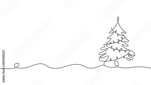  Minimal Hand Drawn One Line Christmas Tree with Abstract Wave Line and Copy Space