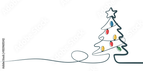  Minimal One Line Christmas Tree with Colorful Lights and Copy Space