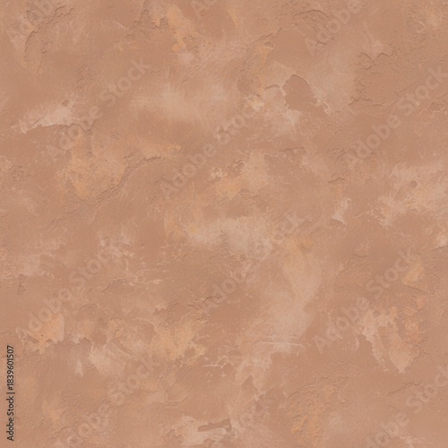 Earthy terracotta plaster wall texture. Rough, stucco background in warm reddish-brown color with subtle relief and rustic, Mediterranean-style uneven finish.