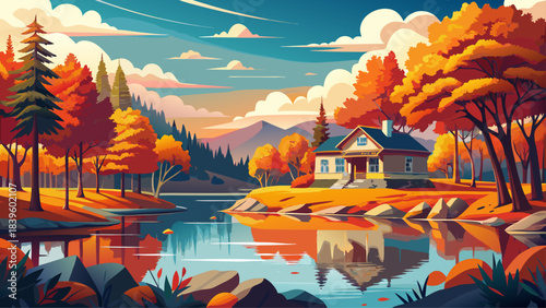 Very beautiful long-exposure lake scene reflecting vivid orange and red foliage, creating smooth water textures and serene autumn atmosphere in a classic New England setting surrounded by calm natural