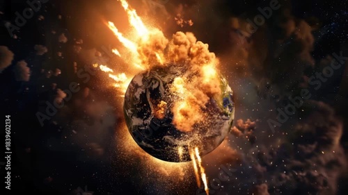 Planet Earth exploding from nuclear blast. Explosion of atomic bomb. Apocalypse, world war
