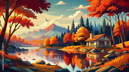 Very beautiful long-exposure lake scene reflecting vivid orange and red foliage, creating smooth water textures and serene autumn atmosphere in a classic New England setting surrounded by calm natural