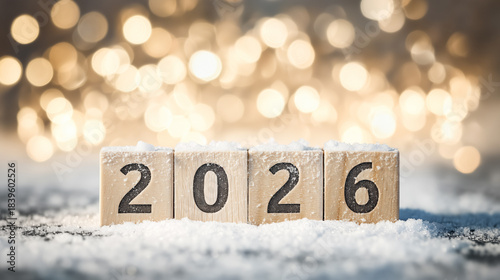 2026 on wooden cubes - blurry background with bokeh
