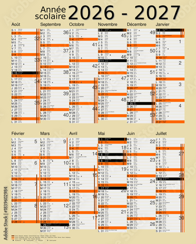 Calendrier scolaire 2026-2027, calques, vacances scolaires, Saints, 12 mois