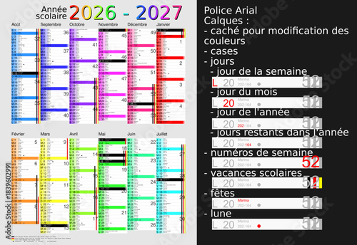 Calendrier scolaire 2026-2027, calques, vacances scolaires, Saints, 12 mois