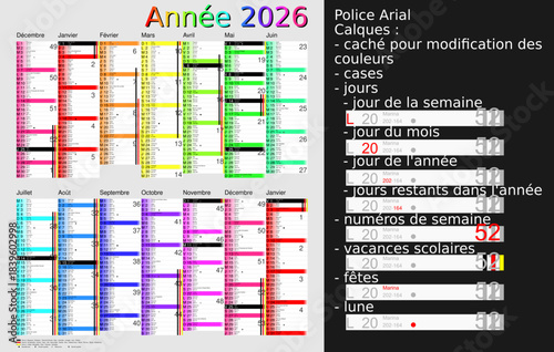Calendrier 2026, calques, vacances scolaires, Saints, 14 mois