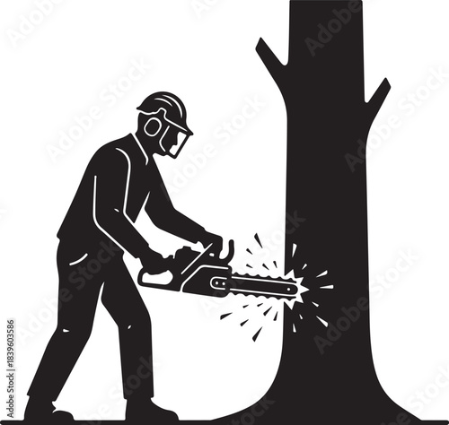 Professional arborist felling a large tree trunk with a powerful chainsaw, wearing full safety protective gear, silhouette vector illustration design