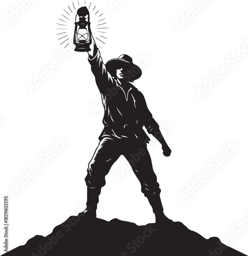 Explorer silhouette holding glowing vintage lantern aloft, standing on rocky terrain, symbolizing discovery, guidance, and adventure concept.