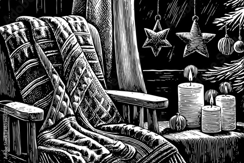 cottage core Christmas setup with knitted blankets, candles, wooden ornaments, and black and white colors creates a nostalgic and comforting holiday trend for 2026