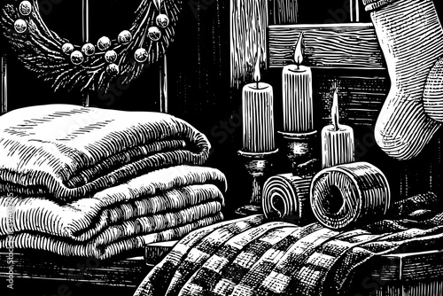 cottage core Christmas setup with knitted blankets, candles, wooden ornaments, and black and white colors creates a nostalgic and comforting holiday trend for 2026