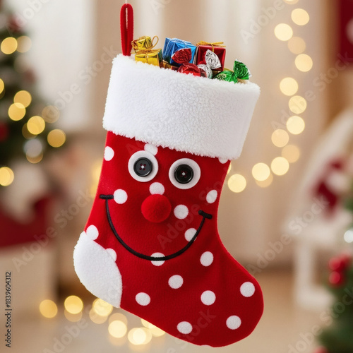 Festive red Christmas stocking filled with colorful candies and treats  