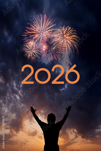 appy New Year holiday congratulations card with fireworks and silhouette of man