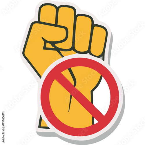 Yellow Fisted Hand Symbol With Red Prohibition Sign Over It Against White Background Represents Anti Violence Or No Aggression Concept Minimalist Design