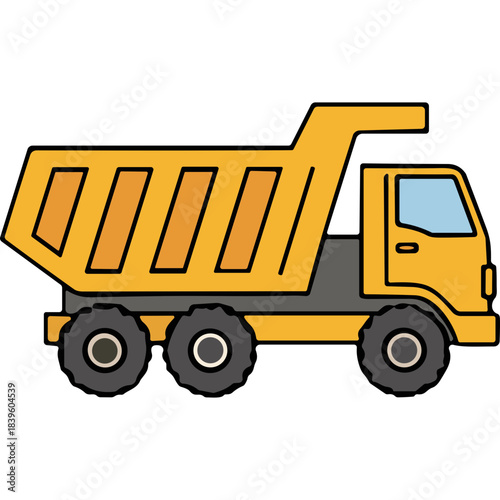 Yellow Dump Truck With Six Wheels And Orange Bed On A Black Background With Blue Sky In The Cab