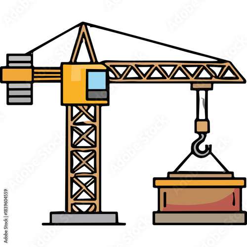 Yellow construction crane lifting a heavy load on a black background with clear lines and solid colors representing industrial machinery and heavy lifting equipment in a simplified graphic style