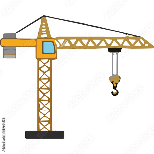 Yellow Construction Tower Crane with Hook and Blue Cabin Against a Stark Black Background Symbolizing Industry and Building Projects