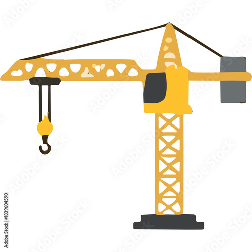 Yellow Construction Tower Crane with Hook for Lifting Heavy Loads on a Black Background Vector Illustration