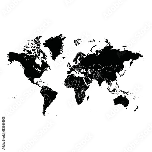 Black and white world map silhouette isolated on white background