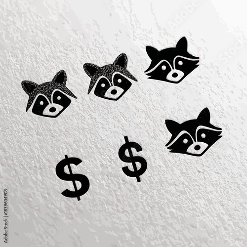 Black and white vector raccoon faces and dollar signs graphic design