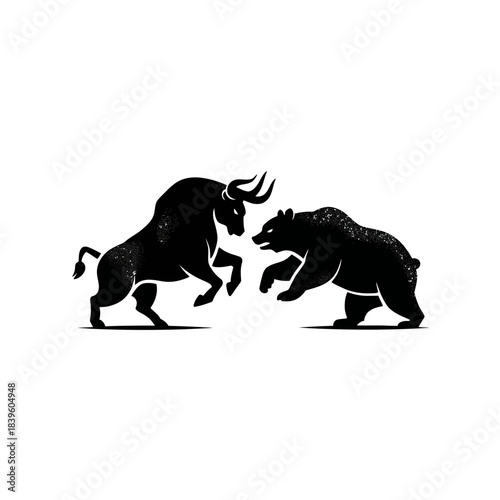 Black bull and bear silhouettes facing each other on white background illustration