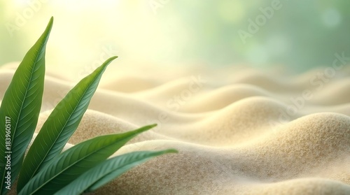 Soft Green Leaves on Gentle Sand Waves Minimal Natural Background