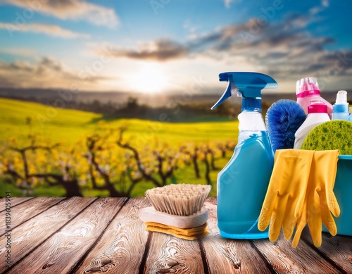 products and tools for spring cleaning on a wooden table with a blurry image of a flowering landscape in the background