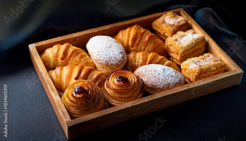sweet pastries in a wooden box