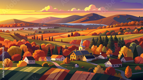 Very beautiful sunset aerial view over Morrisville, showcasing glowing treetops, rolling hills, and warm autumn tones spreading across Vermont’s peaceful small-town landscape in golden evening light.