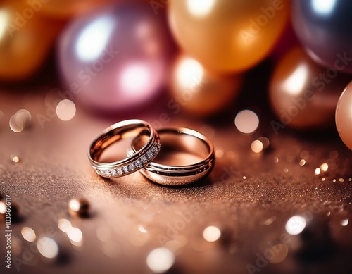 wedding rings on a table with balloons