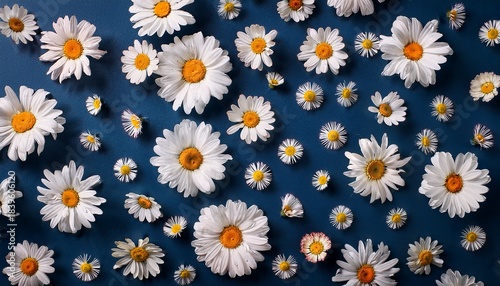 white daisies pattern on a dark blue background flat lay spring and summer vibes