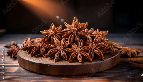 whole star anise displayed in wooden tray