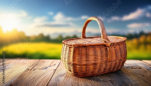 wicker basket on wooden surface