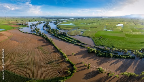 wide river overflowing into surrounding fields aerial photography of flooding
