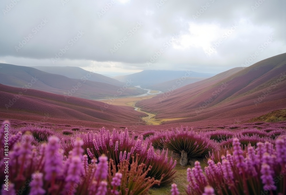 Fototapeta premium Vast Highland Moor Enveloped by Lush Heather Clusters and Rolling Hills