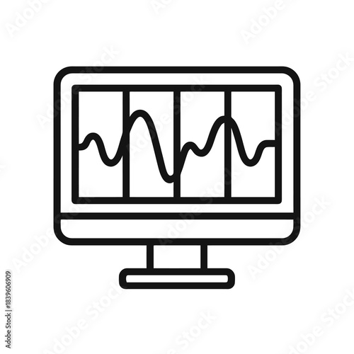 Thin-outline grid monitoring screen icon with waveform data, ideal for energy dashboards, smart grid control rooms, utility analytics, and power system supervision.