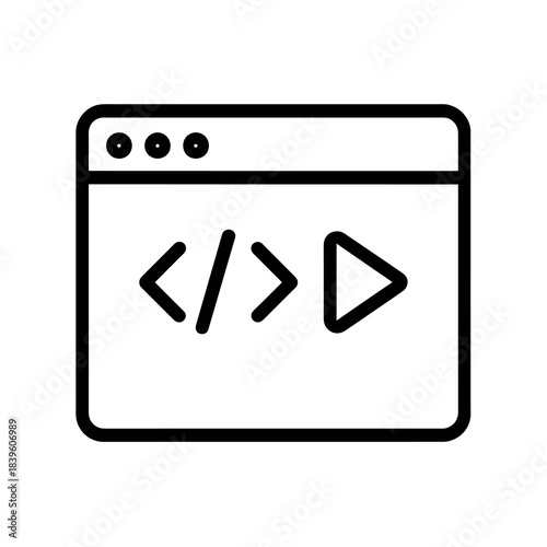 Thin-outline icon of a code window with a play button for test script execution, ideal for QA automation tools, CI workflows, and developer testing environments.