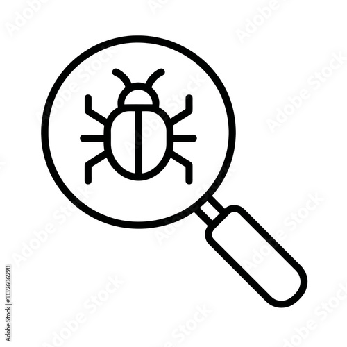 Thin-outline debugging icon showing a bug under a magnifying glass, ideal for QA dashboards, testing tools, developer apps, and software quality workflows.