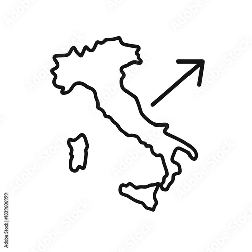 Thin-outline country map with outward arrow, ideal for emigration services, visa guidance apps, relocation platforms, and global mobility communication.