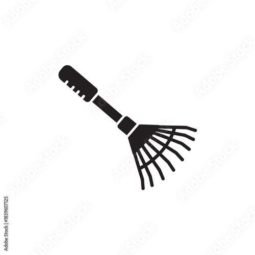 Minimalist black glyph icon of a garden rake a simple flat vector design element for gardening apps web and landscaping projects isolated on white