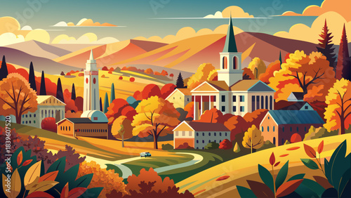 Very beautiful Montpelier skyline framed by colorful fall foliage, gentle hills, and warm sunlight highlighting the peaceful New England atmosphere and vibrant seasonal charm surrounding the town.