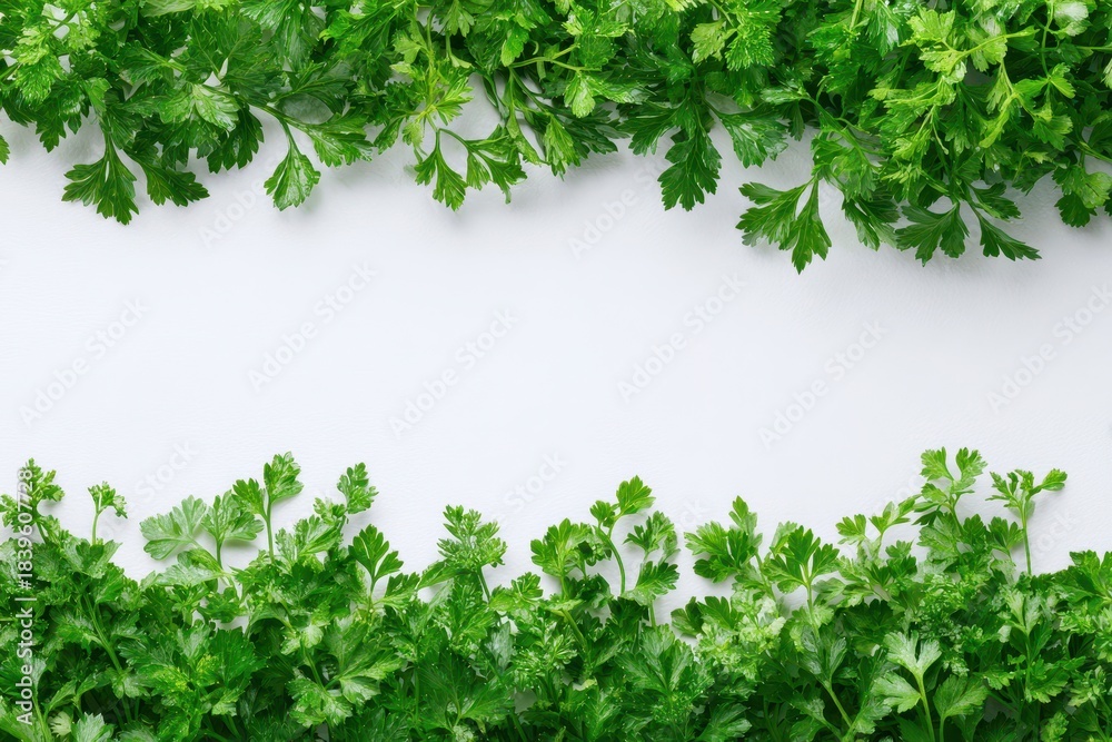 Obraz premium Vibrant Frame of Fresh Green Herbs on a Clean White Canvas