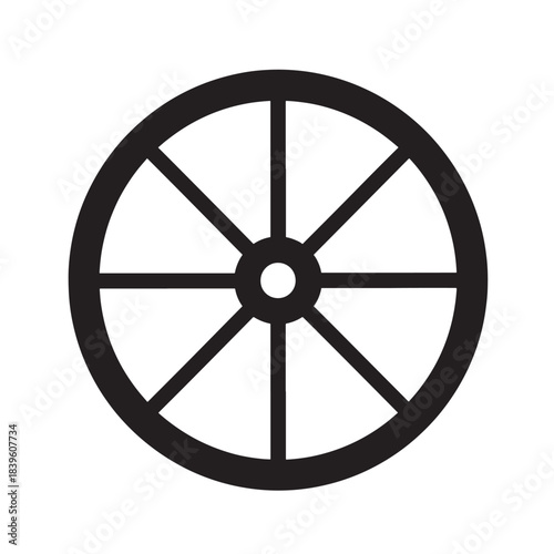 Simple black wagon wheel vector icon a classic spoked design element for historical or transportation-themed projects isolated on white background