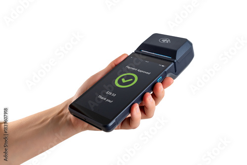 Hand presenting portable POS terminal with payment approved screen, highlighting modern cashless transaction technology for retail environments