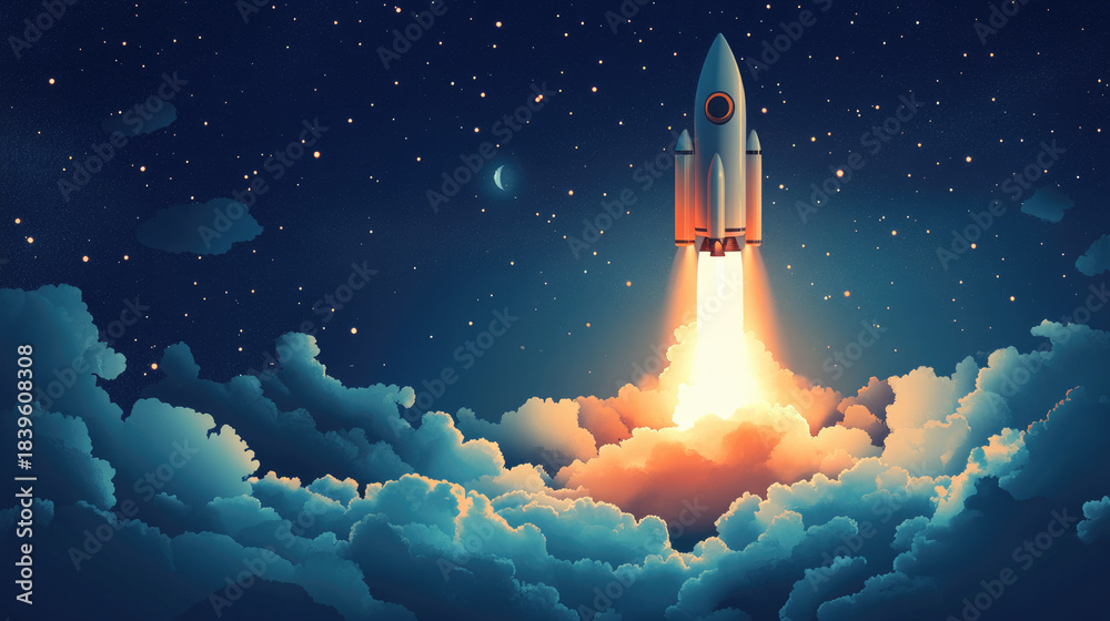 Naklejka premium Rocket launching powerfully from a laptop screen, symbolizing business startup, digital innovation, technological progress, and virtual space exploration, achieving new heights