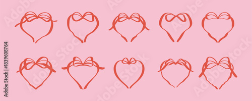 Set of pink heart bow ribbon frames in girly coquette style. Flirtatious hand drawn doodle red romantic border for valentines day cards, wedding invitations, birthday designs, bachelorette party