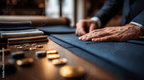 Tailor sewing black cloth for suit with needle and thread