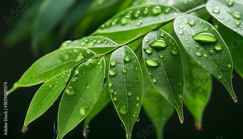 close up of wet leaves droplets