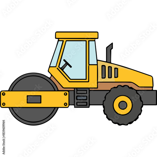 Yellow Steamroller Compactor Vehicle With Large Front Roller and Rear Wheels On A Black Background